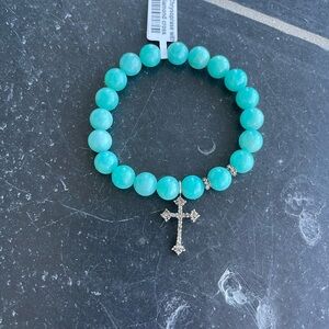 Elegant Chrysoprase Beaded Bracelet with Diamond Cross Charm 6”